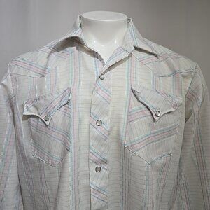 VTG H Bar C Ranch Wear Shirt Mens 17-34 Pastel Striped Pearl Snap Long Tail